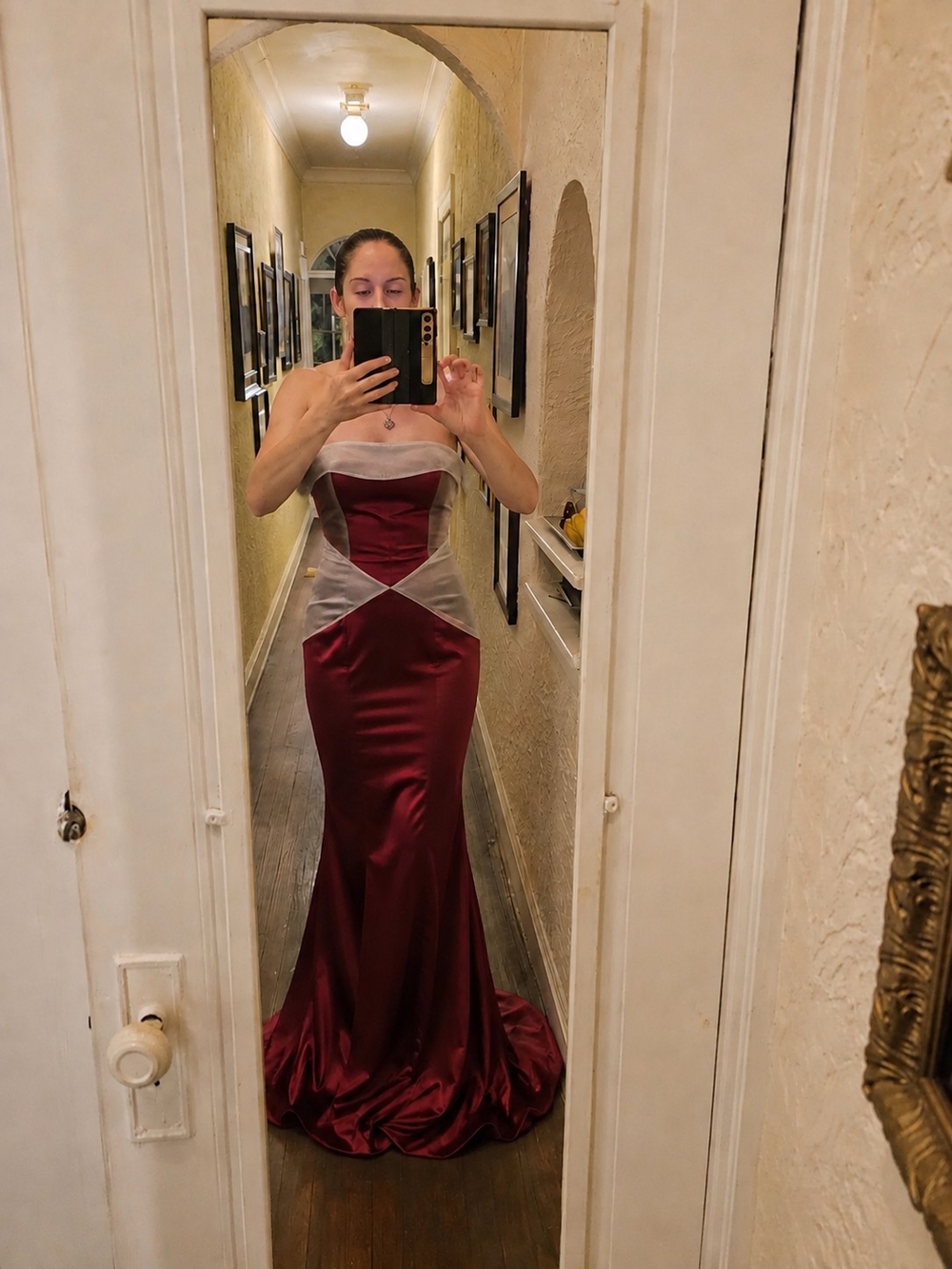 Vivenne Hu Burgundy & Silver Satin Strapless Evening Gown Sz 4